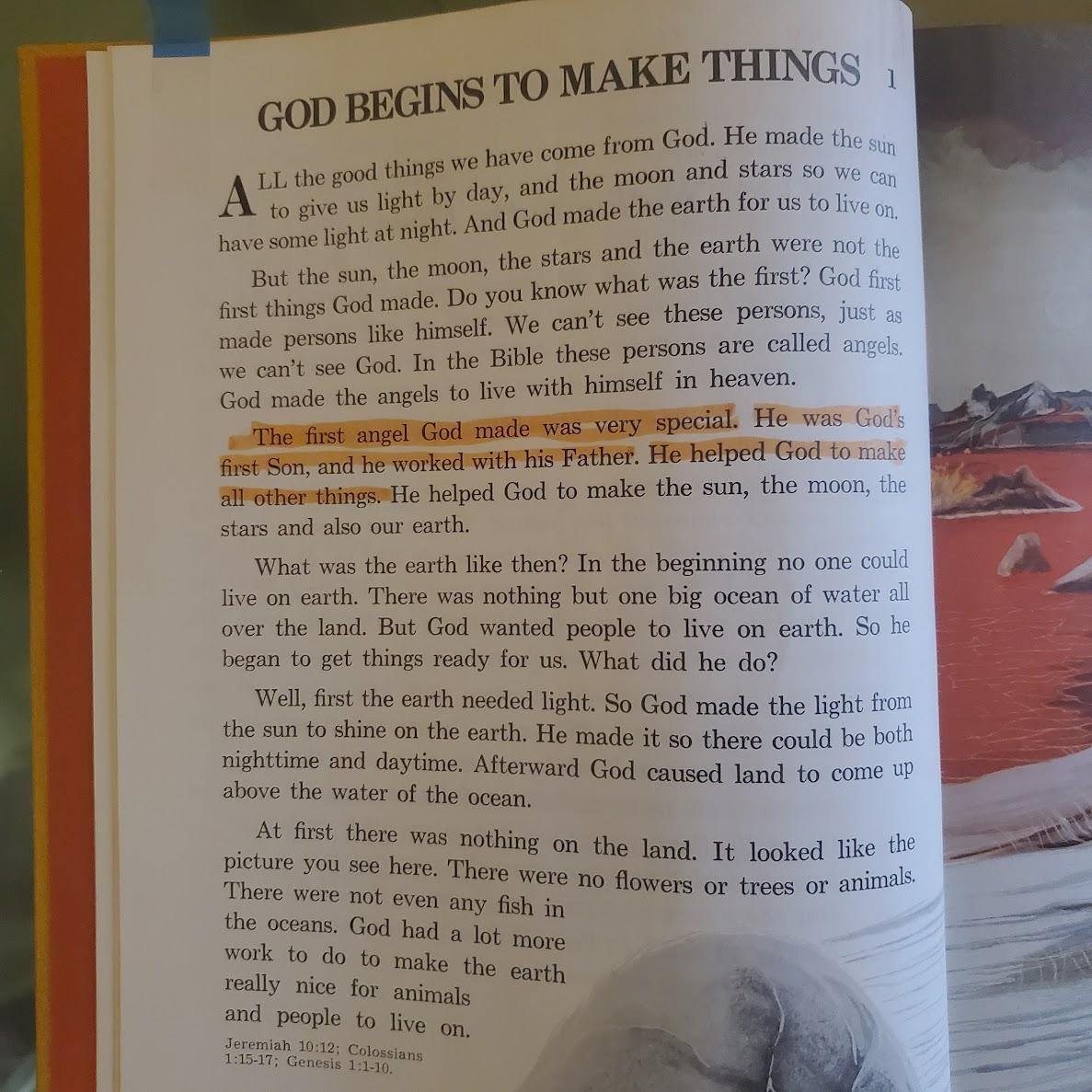 My Book of Bible Stories - Page 1 showing highlighted text about Jesus being 'the first angel God made'