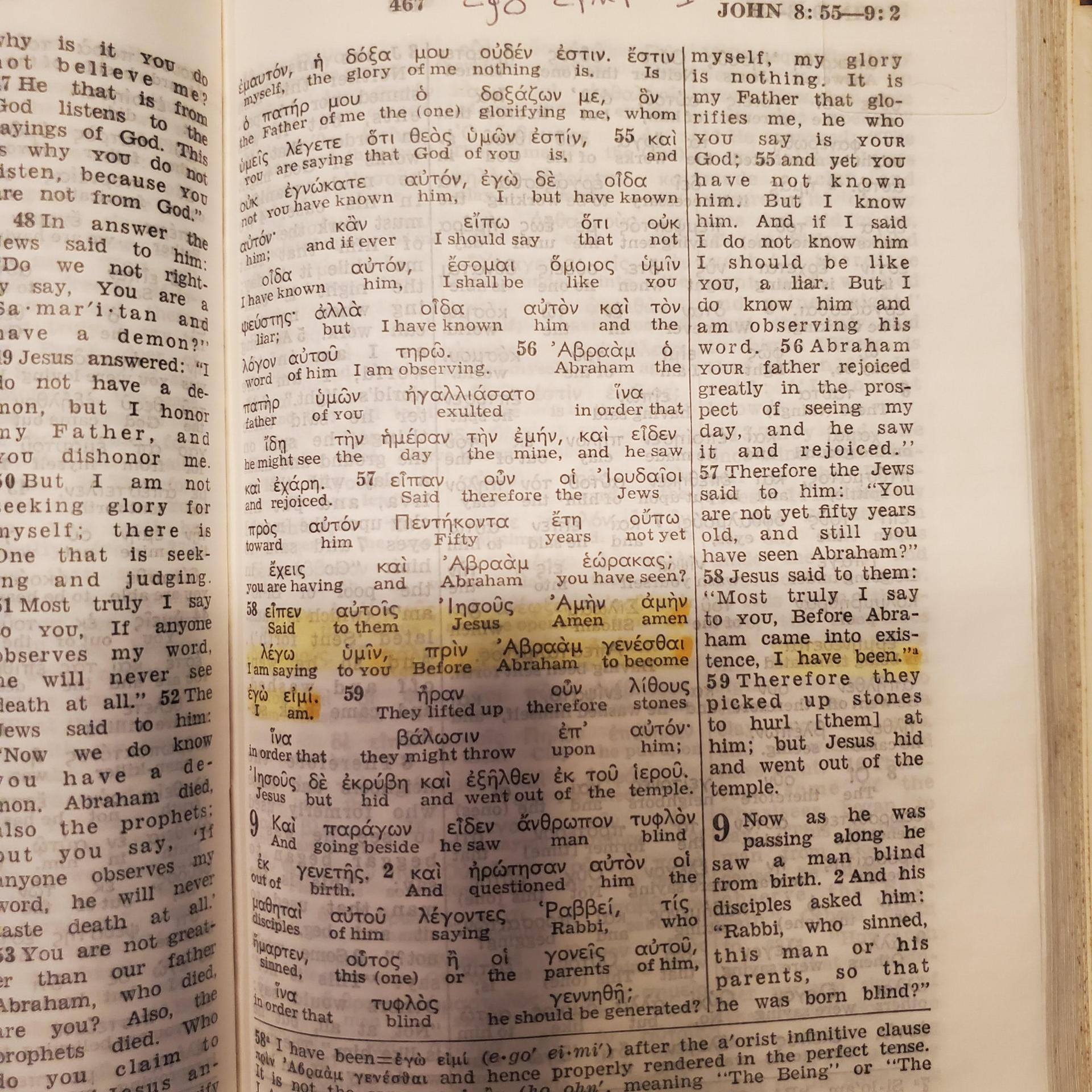 Kingdom Interlinear showing John 8:58 - ego eimi shows 'I am' in interlinear but NWT changes it to 'I have been'